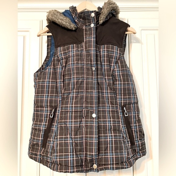 ARIAT Faux Fur Brown Hooded Plaid Vest Size Large - Picture 1 of 7